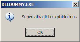 [Screen shot of DLLDUMMY.EXE displaying the text string exported from DLLDUMMY.DLL]