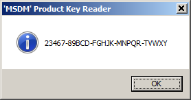 [Screen shot of 'MSDM Product Key Reader' running on Windows 7]