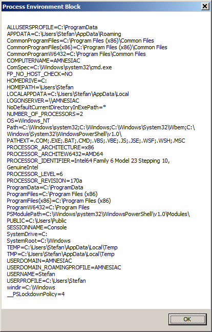 [Screen shot of 'Process Environment Block' on Windows 7]