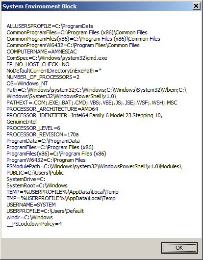 [Screen shot of 'System Environment Block' on Windows 7]