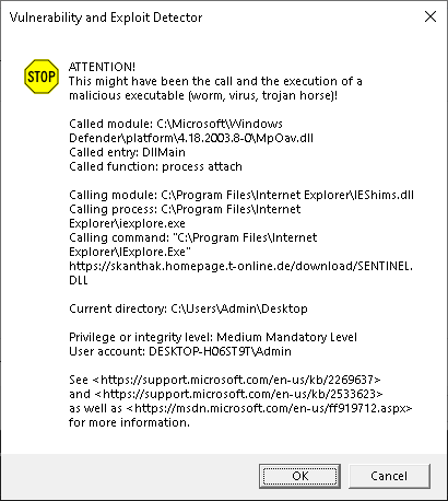[Screen shot of SENTINEL.DLL called from 'Internet Explorer' via 'Attachment Manager']