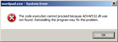 [Screen shot of error message from 'START WordPad.exe' on Windows 7]