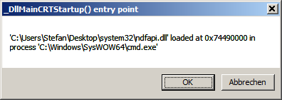 [Screen shot of message box from bogus 'NDFAPI.dll' on Windows 7]