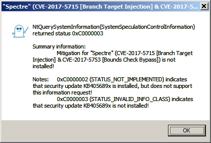 [Screen shot of BTI_RDCL.EXE without security update for 'Meltdown' (CVE-2017-5754), 'Spectre' (CVE-2017-5715, CVE-2017-5753) and 'Spectre-NG' (CVE-2018-3639, CVE-2018-3640)]