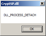 [Screen shot of message box from _DllMainCRTStartup() of CryptSP.dll]