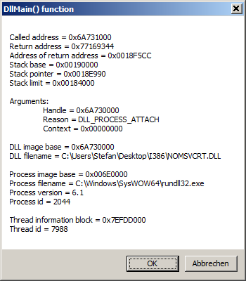 [Screen shot of NOMSVCRT.DLL run via RUNDLL32.EXE]