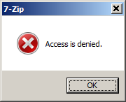 [Screen shot of self-extractor error message box 'Access denied' on Windows 7]