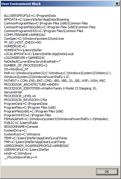 [Screen shot of 'User Environment Block' on Windows 7]