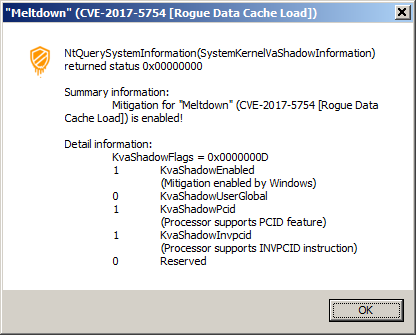 [Screen shot of BTI_RDCL.EXE with active mitigation for 'Meltdown' (CVE-2017-5754)]
