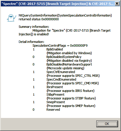 [Screen shot of BTI_RDCL.EXE with active mitigation for 'Spectre' (CVE-2017-5715)]
